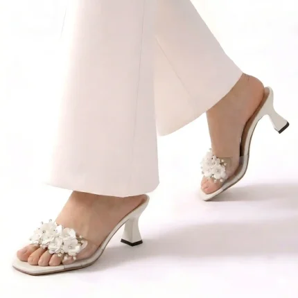 Transparent Floral Embellished Heel-White
