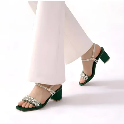Embellished Green Open Toe Block Heel