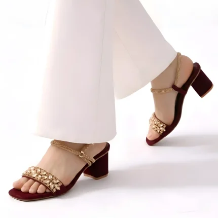 Embellished Maroon Open Toe Block Heel