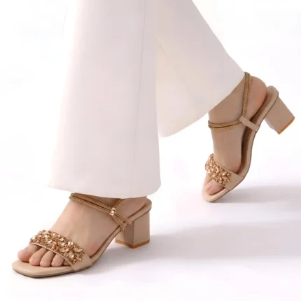 Embellished Golden Open Toe Block Heel