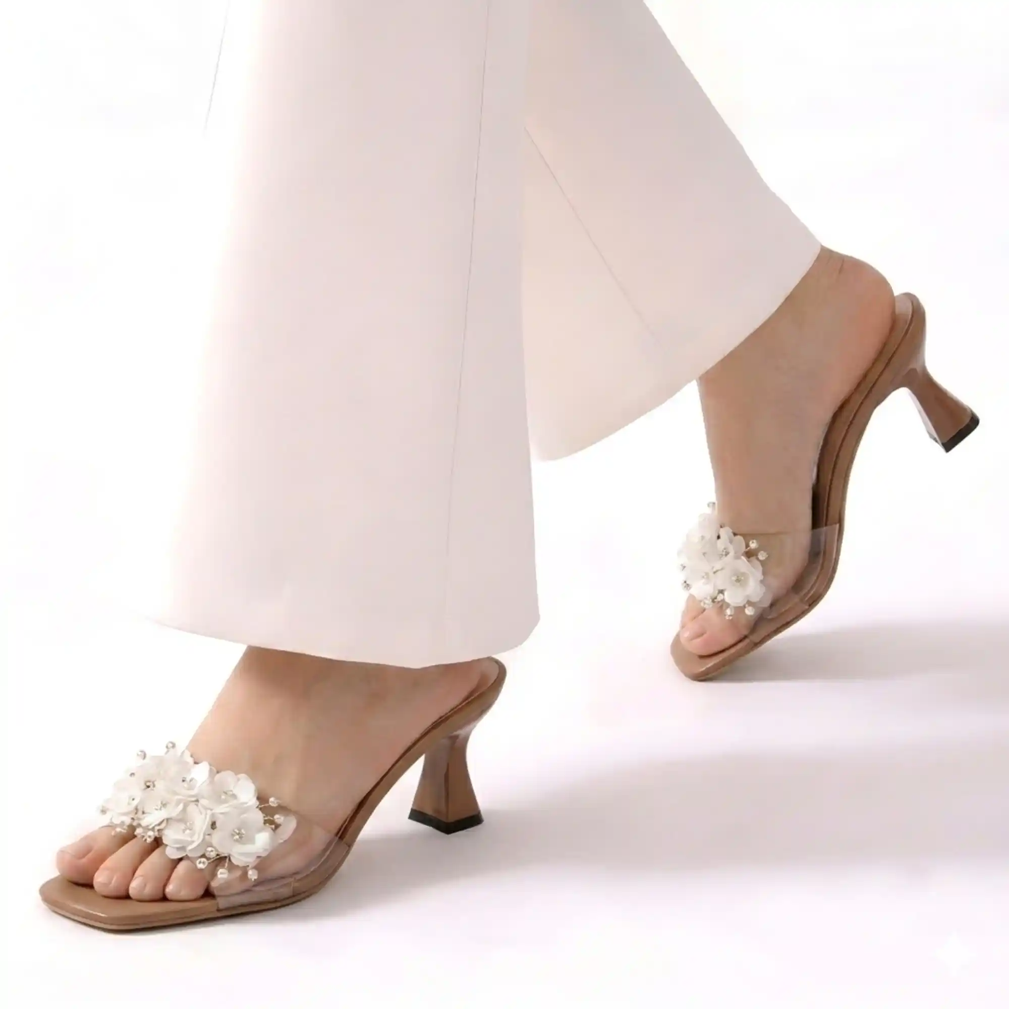 Ecco Product (36) (2) Transparent Floral Embellished Heel-Coffee - Image 1