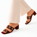 Elegant Royal Maroon Blossom Heels in velvet with intricate gold embellishments, perfect for weddings, parties, and festive wear