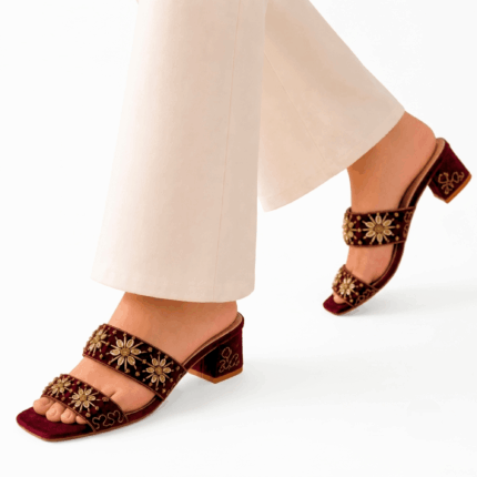 Elegant Royal Maroon Blossom Heels in velvet with intricate gold embellishments, perfect for weddings, parties, and festive wear