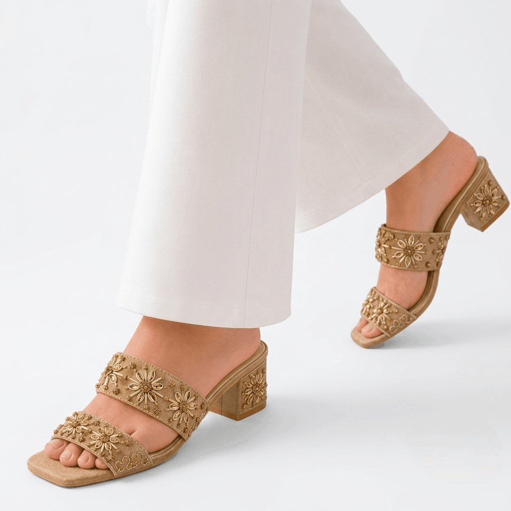 Royal Blossom Heel-Golden Royal Blossom Heel – Golden elegant women's block heel sandals with floral embellishments, open-toe design, and a luxurious golden finish, perfect for weddings, parties, festive celebrations, and special occasions.