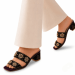 elegant Royal Deep Purple Blossom Heel with gold floral embellishments, open-toe design, and comfortable fit for weddings, parties, festive occasions, and evening wear.
