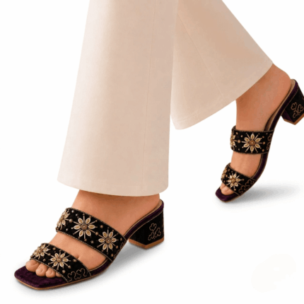 elegant Royal Deep Purple Blossom Heel with gold floral embellishments, open-toe design, and comfortable fit for weddings, parties, festive occasions, and evening wear.