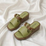 Wedge Buckle Sandal – Green Chocolate with buckle detail and comfortable wedge sole.