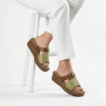 Wedge Buckle Sandal – Green Chocolate with buckle detail and comfortable wedge sole.
