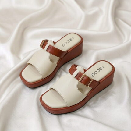 Wedge Buckle Sandal – White Chocolate with a stylish buckle and comfortable wedge sole.