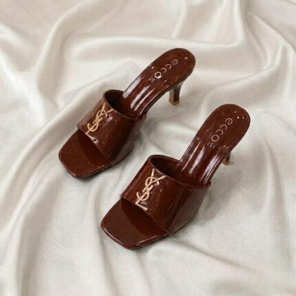 Ruby Mule Heel – Chocolate glossy mule heel with gold-tone detailing and square-toe design.