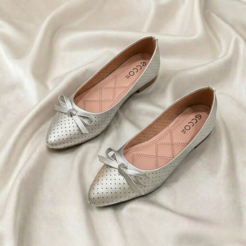 Elegant Bow Flat – Silver pointed-toe flats with bow detail and sleek silver finish.