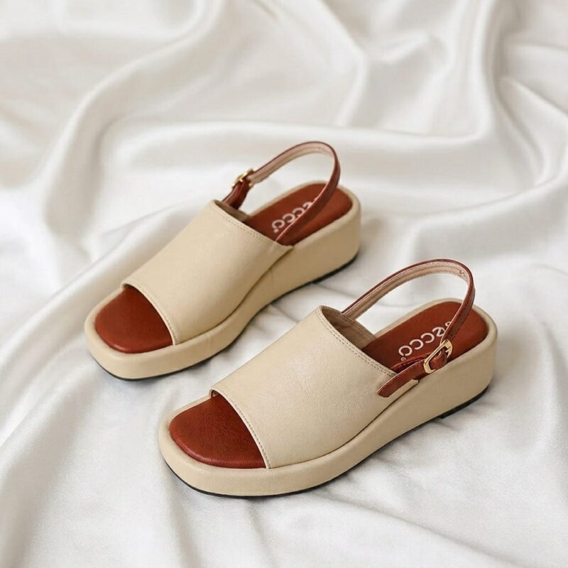 Aura Wedge Sandal – White with open-toe design, slingback strap, and wedge sole.